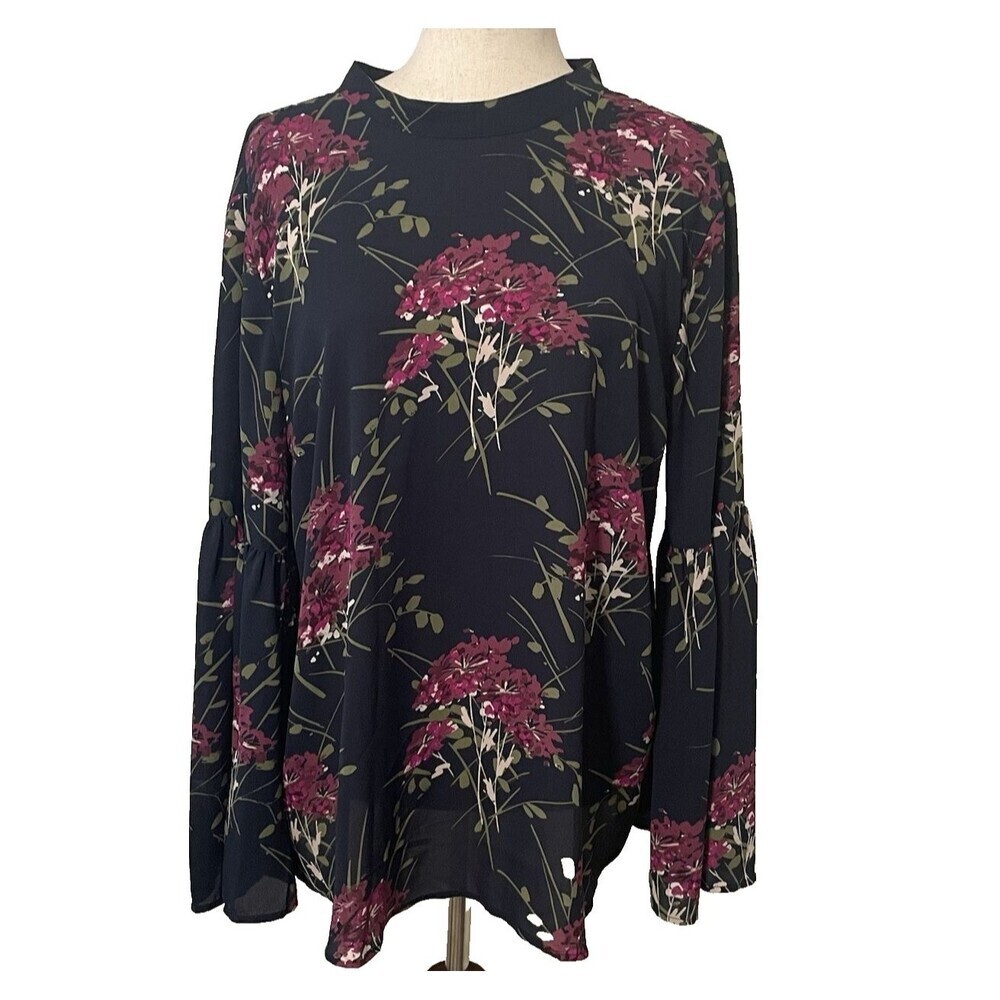LOFT  Womens Large Chiffon Floral Blouse High Neck Bell Sleeve Romantic Tie Back